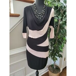 Rhapsody Women Beige& Black Rayon Cowl Neck Long Sleeve Knee Length Dress Size M